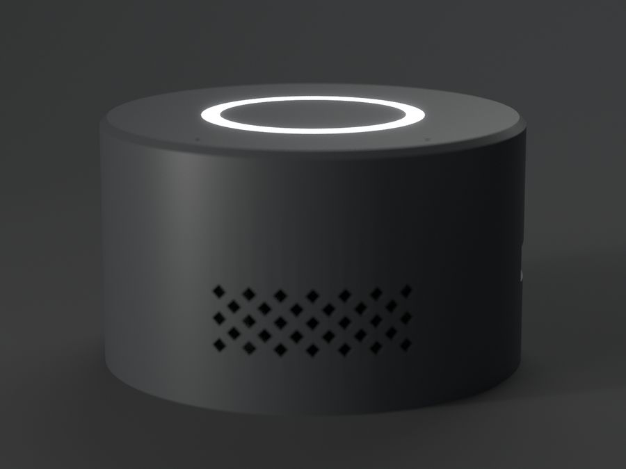 Sarandip in a dark room with its halo light on, showing it is listening